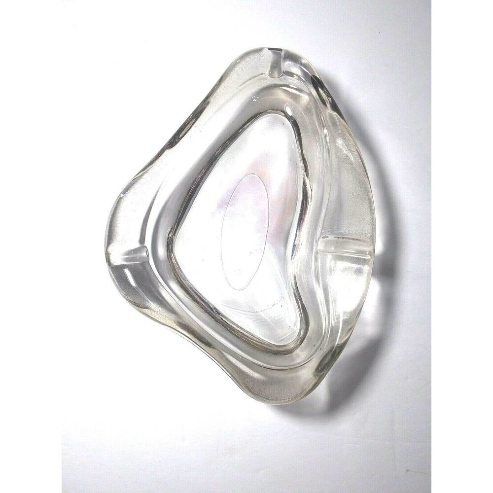 Ashtray Kidney Shape Heavy Clear Glass 7" X 5" X 1 1/2" MCM/ 1950's Design